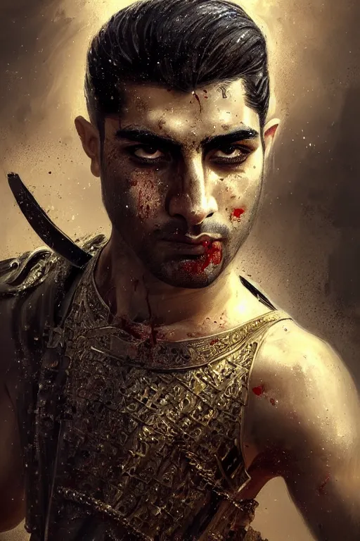 Prompt: portrait of a Persian Prince fighting at war, warrior, brutal battle, handsome prince, shaved face, without beard, attractive young man, shaved face, heroic pose, dramatic lighting, dark and horror, action and tragedy, dust and blood, intricate, wild, highly detailed, digital painting, artstation, concept art, smooth, sharp focus, illustration, art by artgerm and greg rutkowski and alphonse mucha, footage from space camera