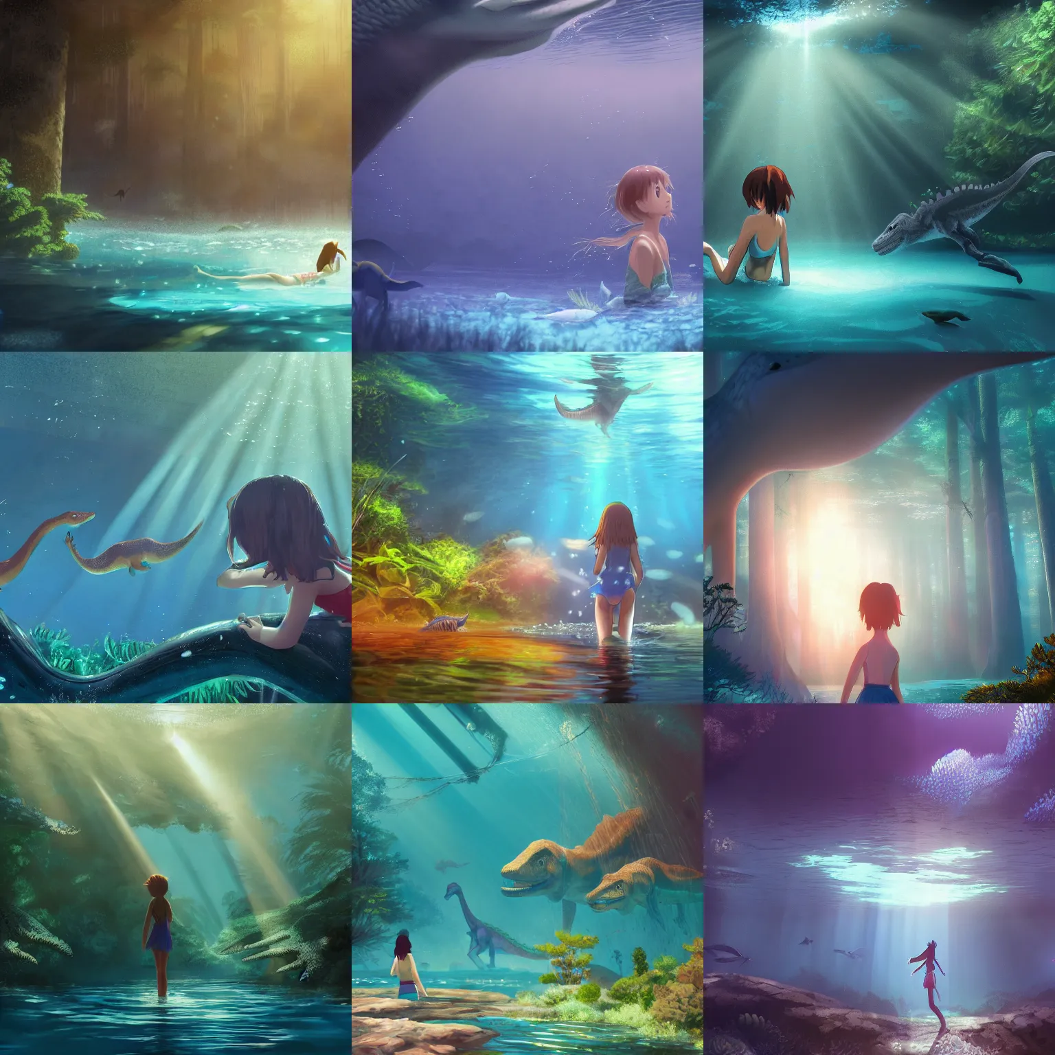 Prompt: young girl swimming in underwater redwood forest with dinosaurs, light rays through water, sharp focus, Miyazaki, Makoto Shinkai, Highly Detailed, anime, concept art, artstation, Cinematic Lighting, 8k, HD