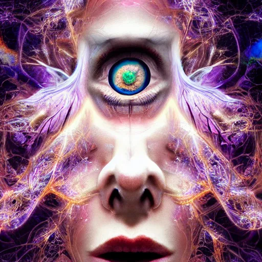 Prompt: transcendent eldritch being, glowing tears, beautiful laughter, cosmic imagery, intense emotion, emotional concept art, photography hyperrealism, detailed eyes, glitch! art, fractal