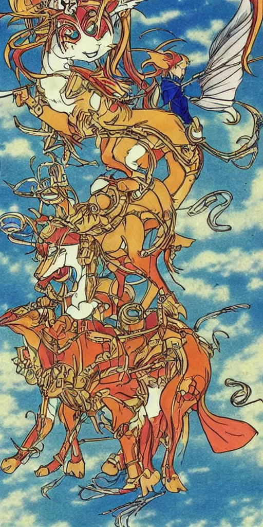 Prompt: a mystical chariot drawn by foxes in japan, 1990s anime, full color, tarot card the chariot,