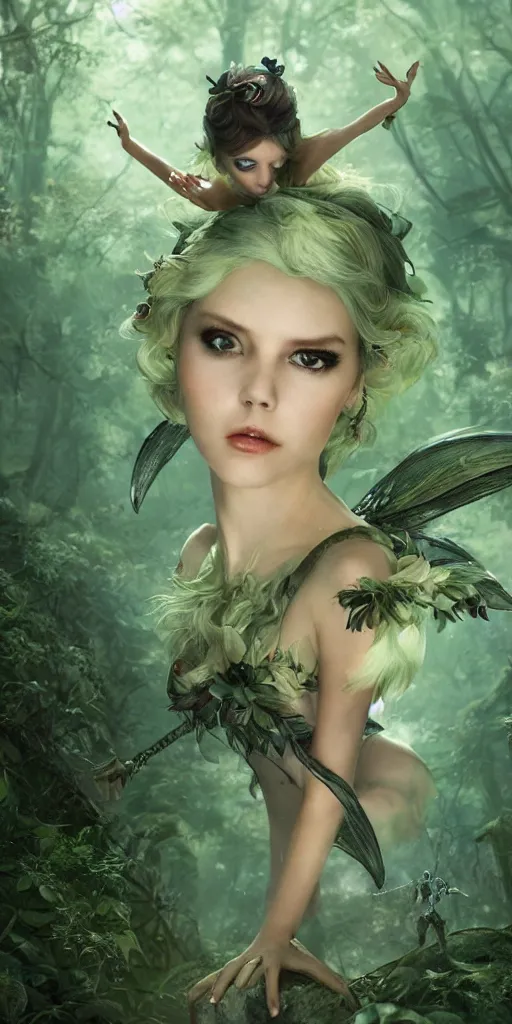 Image similar to evil tinker bell flying in an enchanted forest, flawless symmetrical pretty cute face, greg rutkowski, 8 k, shallow depth of field, intricate detail, concept art,