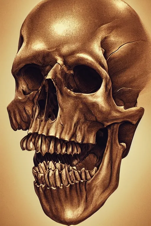 Image similar to skull, close - up portrait, powerful, intricate, elegant, volumetric lighting, digital painting, highly detailed, artstation, sharp focus, illustration, concept art, intricate ink pen, gold leaf