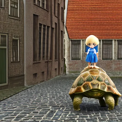 Prompt: Manga cover of a little girl riding on top of a giant tortoise through the streets of Bruges, 3d render diorama by Hayao Miyazaki, official Studio Ghibli still, color graflex macro photograph, Pixiv