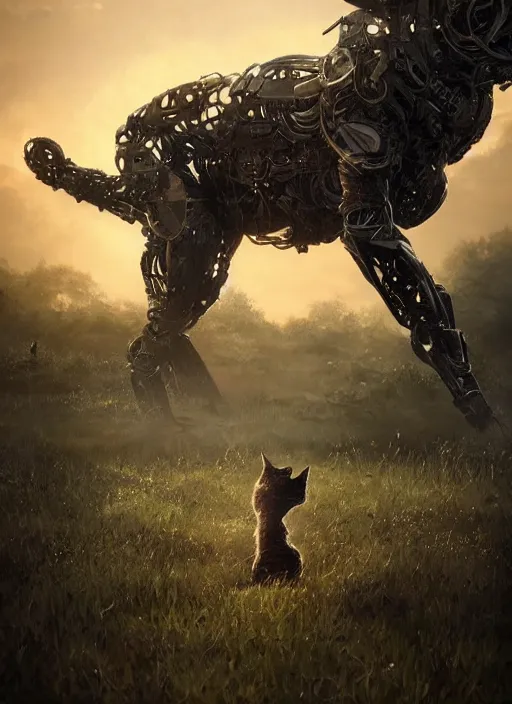 Image similar to giant cyborg cat on a dusky land, art by artgerm and greg rutkowski, cinematic shot, intricate, ornate, photorealistic, ultra detailed, trending artstaition, realistic, 1 0 0 mm, photography, octane, high definition, depth of field, bokeh, 8 k