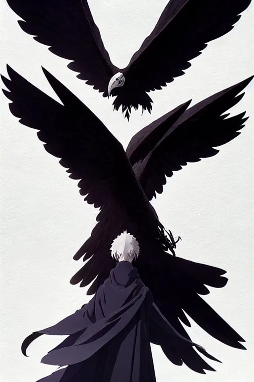 Image similar to raven headed warlock doing magic spells wind, white robes, finely detailed perfect face, exquisite details, mid view, design on a white background, by studio muti, greg rutkowski makoto shinkai takashi takeuchi studio ghibli