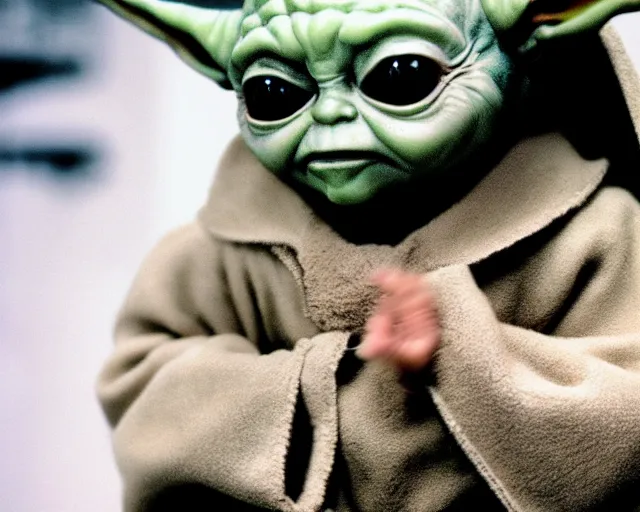 Prompt: Film still close-up shot of Baby yoda as Michael Myers from the movie Halloween. Photographic, photography