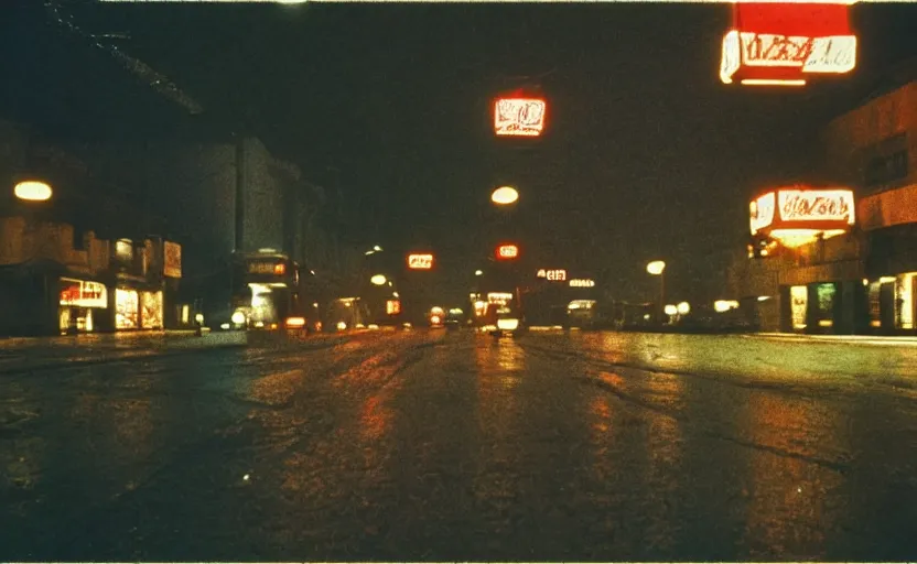 Image similar to 70s movie still of a soviet street from Sarajevo in 1960s , Cinestill 800t 18mm, heavy grainy picture, neon billboards at night, rain, mud