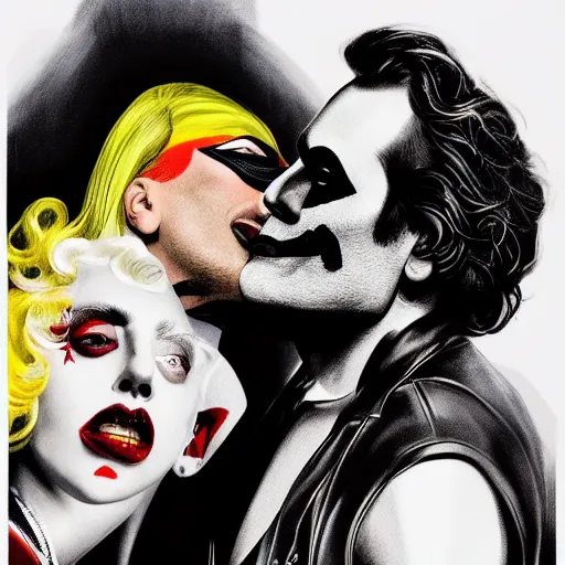 Image similar to richard hamilton and mimmo rottela as lady gaga harley queen and joaquin phoenix joker kissing, pop art, medium long shot, 2 color, separate content, object details, dynamic composition, 4 k, ultra realistic art, smooth, sharp focus, illustration, concept art, intricate details, h 7 6 8