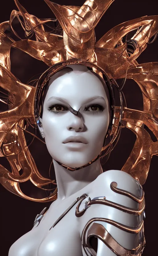 Image similar to white cyborg fashion shot, cyber copper spiral decorations, white elegant baroque design, headshot half figure, photorealistic, 8k, hyper detailed, unreal engine, trending on artstation,