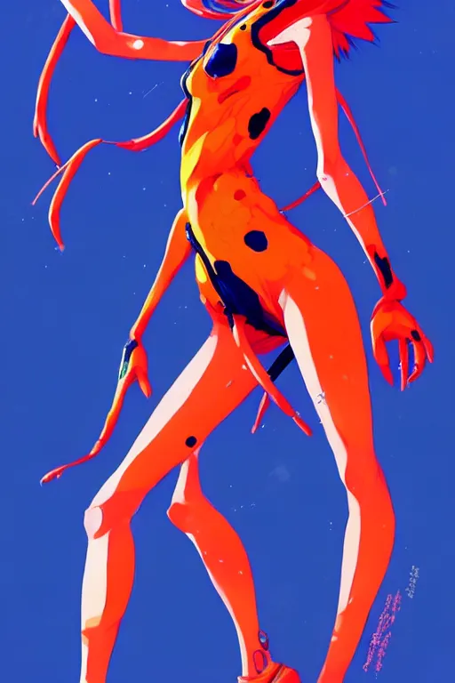 Image similar to a ultradetailed full body painting of asuka from evangelion, by conrad roset, greg rutkowski and makoto shinkai trending on artstation