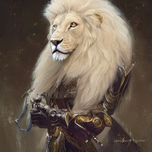 Image similar to a beautfiul award winning commission portrait of an anthro albino lion wearing diamond victorian armour,digital art,art by greg rutkowski,character design by charles bowater,photorealistic,ross tran,hyperdetailed,detailed face,fascinating,2021,western comic style