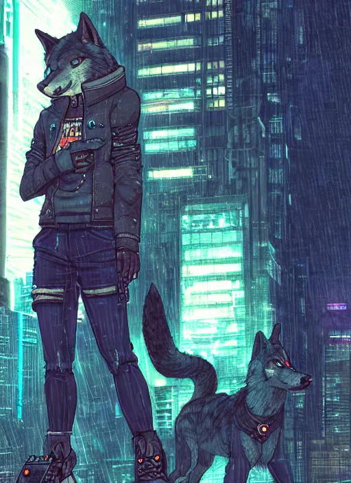 Image similar to character portrait of a male anthro wolf fursona with a tail and a cute beautiful attractive detailed furry face wearing stylish cyberpunk clothes in a cyberpunk city at night while it rains. hidari, color page, tankoban, 4K, tone mapping, Akihiko Yoshida.