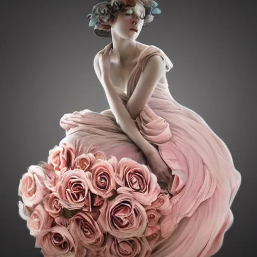 Prompt: delicate !!beautiful!! sculpture of a woman dressed in a vaporous wrapped large victorian pink roses silk semi-transparent dress fashion is running, fantasy, intricate, elegant, highly detailed, digital painting, trending on artstation, concept art, matte, sharp focus, illustration, art by Artgerm and Greg Rutkowski and Alphonse Mucha, trending on instagram, art nouveau