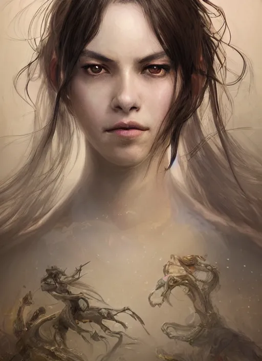 Image similar to a professional portrait of a beautiful young female, clothed in ethereal battle armor, olive skin, long dark hair, beautiful bone structure, symmetrical facial features, intricate, elegant, digital painting, concept art, smooth, sharp focus, finely detailed, illustration, from Valerian and the City of a Thousand Planets, in the style of Ruan Jia and Mandy Jurgens and Artgerm and Greg Rutkowski and William-Adolphe Bouguerea