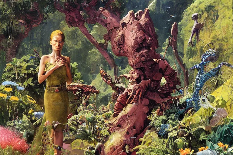 Image similar to pulp scifi illustration, space woman meets science fiction lizard in beautiful garden, flowers, baobab trees, distant town in valley and hills, spacehip lands, by norman rockwell, jack kirby, john berkey, bergey, craig mullins, ruan jia, raymond swanland, jeremy mann, beksinski, tom lovell, alex malveda, schomburg