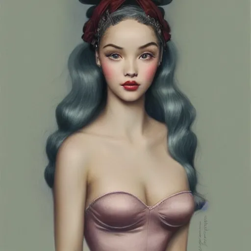 Image similar to tom bagshaw portrait, beautiful asian mix of dove cameron madison beer bella poarch in a full dress body, 1 9 5 0 pinup look, professionally retouched, focus eyes, ultra realistic soft painting, insanely detailed linework, symmetrical accurate intricate features, behance, 8 k