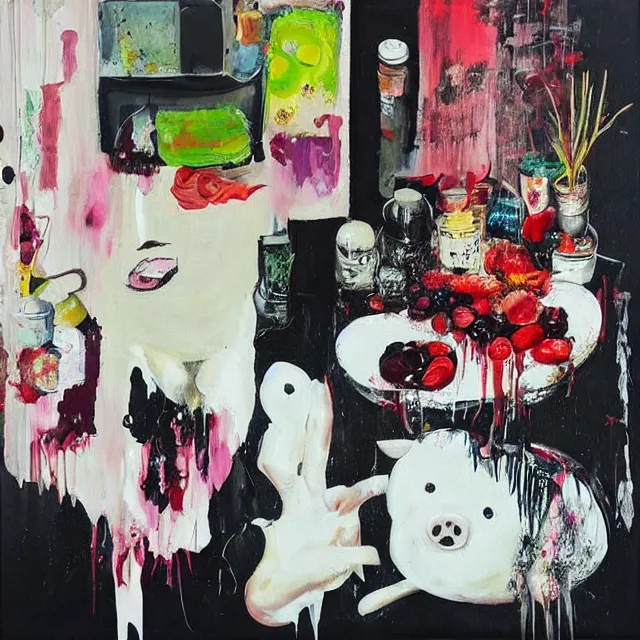 Image similar to “ a portrait in a female art student ’ s apartment, sensual, a pig theme, art supplies, paint tubes, ikebana, herbs, a candle dripping white wax, black walls, squashed berries, berry juice drips, acrylic and spray paint and oilstick on canvas, surrealism, neoexpressionism ”