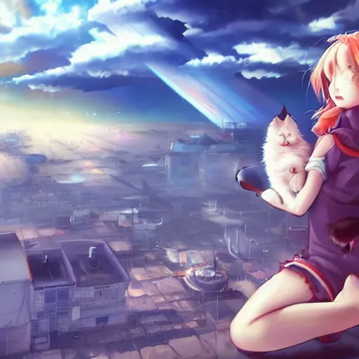 Image similar to nuclear bomb destroying all buildings at the distance, anime girl with her kitty, yumei art, Artstation, pinterest 8k hyper-detailed