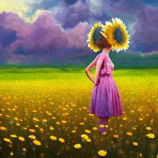 Image similar to full body daisy flower head, girl standing in a flower field, head hidden behind huge daisy flower, surreal photography, sunrise, dramatic light, impressionist painting, colorful clouds, digital painting, artstation, simon stalenhag