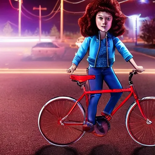 Image similar to wendy thomas as ( maxine mayfield ) from stranger things riding her bike in the middle of the street, the bike's flashlight illuminating the ground, the clear sky, realistic, extremely high details, photorealistic, 2 0 2 2 s, soft lighting, 4 k, human photo