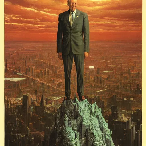 Prompt: immense, majestic, surreal, terrifying joe biden standing triumphant over the city, perfectly clear face, by j. c. leyendecker, bosch, and beksinski