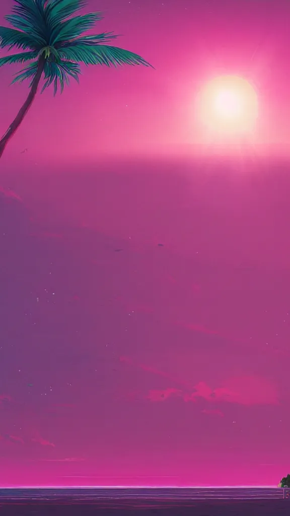 Image similar to beautiful beach horizon view of the tropical pink ocean on an alien planet, pink vaporwave ocean, clear sky, planet in space over the horizon, trending on artstation, digital art by hayao miyazaki, studio ghibli style
