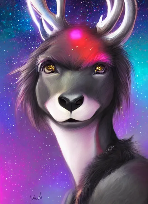 Image similar to award winning beautiful portrait commission of a male furry anthro Black Reindeer fursona with a tail, wings and a cute beautiful attractive detailed furry face wearing stylish black and rainbow galaxy clothes in a outerspace city at night while it rains. Character design by charlie bowater, ross tran, artgerm, and makoto shinkai, detailed, inked, western comic book art