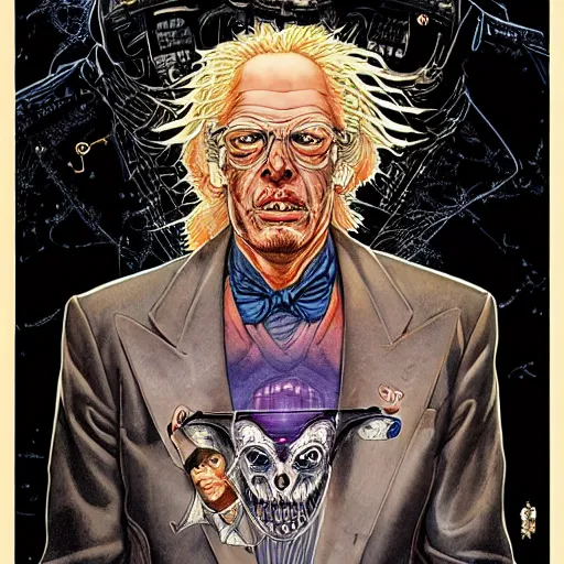 Image similar to portrait of crazy doc brown, symmetrical, by yoichi hatakenaka, masamune shirow, josan gonzales and dan mumford, ayami kojima, takato yamamoto, barclay shaw, karol bak, yukito kishiro