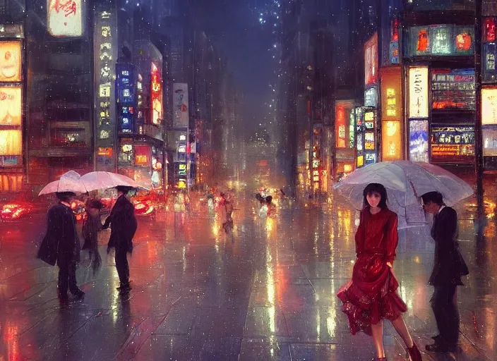 Image similar to raining tokyo night street by wlop and vladimir volegov and alexander averin and delphin enjolras and daniel f. gerhartz