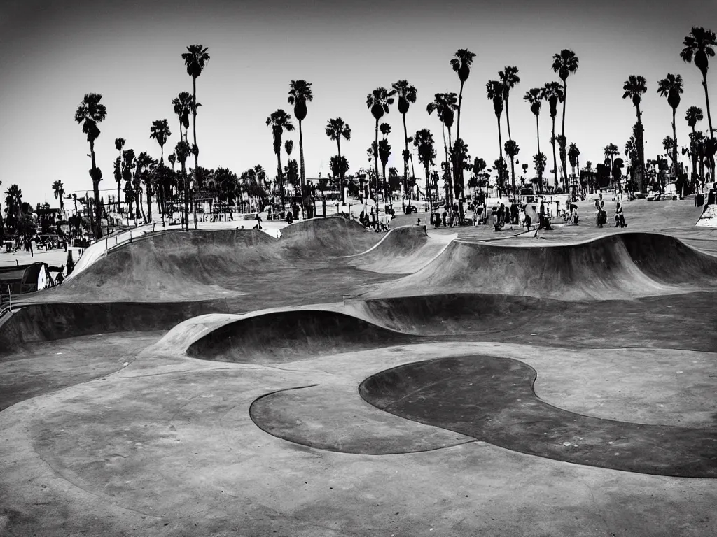 Image similar to “A black and white fisheye photo of Venice beach skate park”