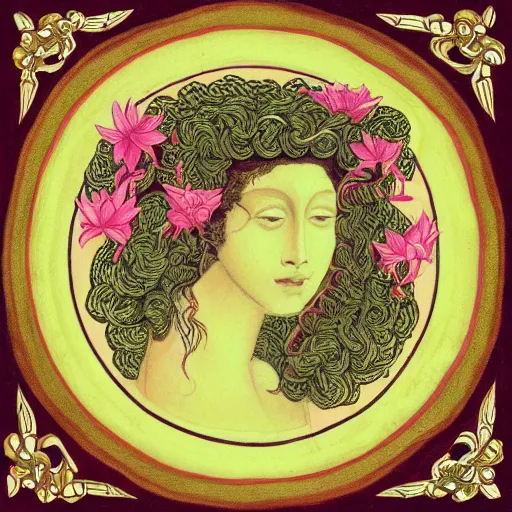 Image similar to detailed, portrait of medusa, beautiful, pretty girl, surrounded by lotus flowers and geometry