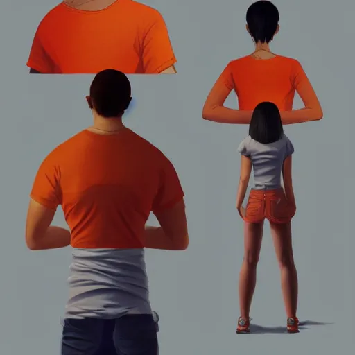 Image similar to man in orange t - shirt hugging from behind girl, vivid colors, character sheet, fine details, concept design, contrast, kim jung gi, greg rutkowski, trending on artstation, 8 k, full body, turnaround, front view, back view, ultra wide angle