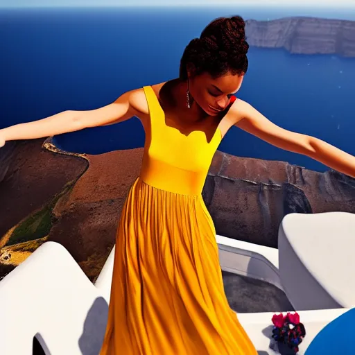 Prompt: beautiful modern dancer wearing a red and yellow and blue swirling dress, standing on a Santorini terrace looking down into the ocean, trending on Artstation, cinematic, octane render