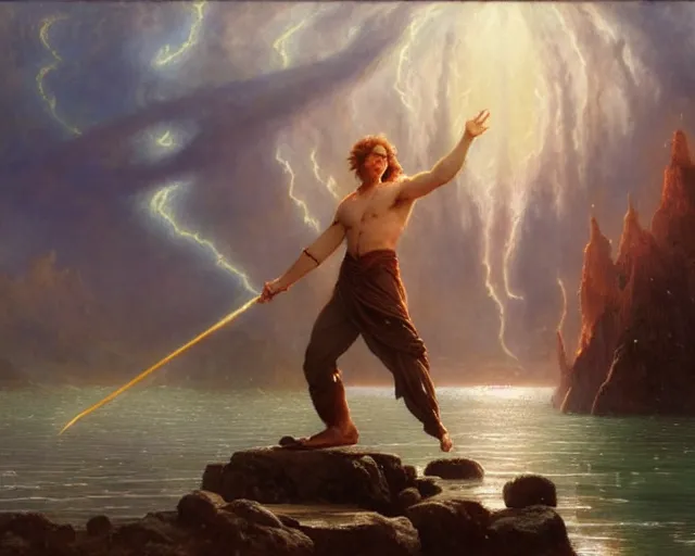 Image similar to attractive male wizard casting powerful giant tsunami spell in a beautiful lake. highly detailed painting by gaston bussiere, craig mullins, j. c. leyendecker 8 k