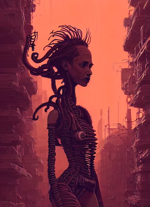 Image similar to highly detailed portrait of wasteland punk long curly fire hair tribal lady, stray wiring by atey ghailan, james gilleard, by joe fenton, by greg rutkowski, by greg tocchini, by kaethe butcher, 4 k resolution, gradient red, orange, black and white color scheme!!! ( ( flaming robotic dystopian city spiral background ) )