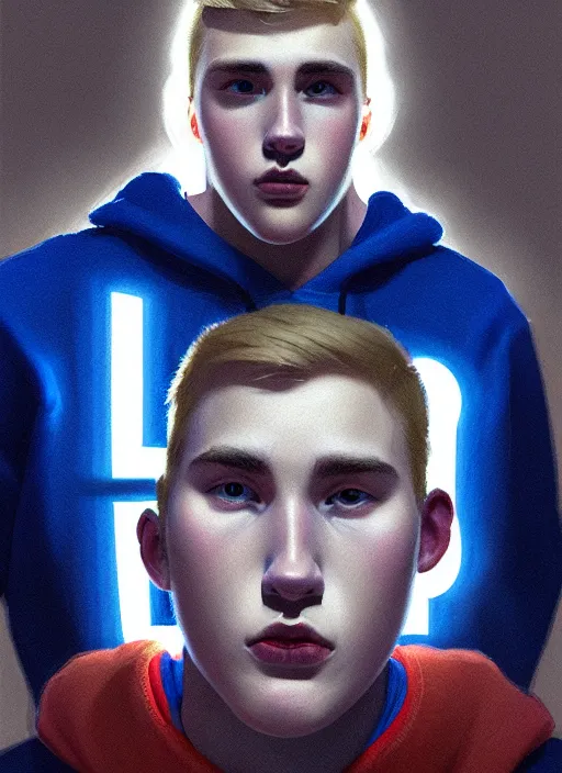 Image similar to portrait of high school senior boy named big moose, blonde short hair, jock, beefy, wide face, square jaw, square facial structure, blue varsity jacket with letter r, intricate, elegant, glowing lights, highly detailed, digital painting, artstation, concept art, sharp focus, illustration, art by wlop, mars ravelo and greg rutkowski