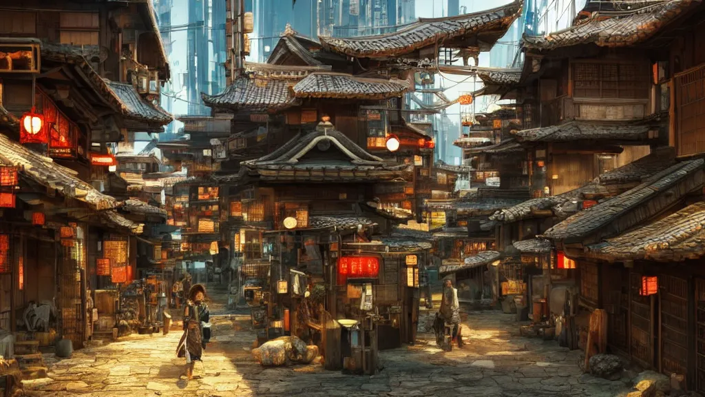 Prompt: small, quaint, cosy oriental ancient japanese village in cyberpunk style, fantastical epic, hyperrealistic, highly detailed, 4 k hd