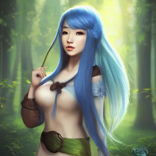 Prompt: beautiful young Asian elf woman with elf ears and blue hair in a hazy forest at dusk, artwork by Artgerm