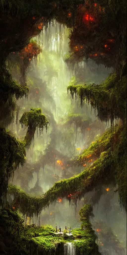 Prompt: a digital painting of a cave entrance in a mystical forest with waterfalls and vines hanging from trees, fireflies glowing in various colors, desaturated, a detailed matte painting by stephan martiniere, cgsociety, fantasy art, matte painting, concept art, fractalism, night