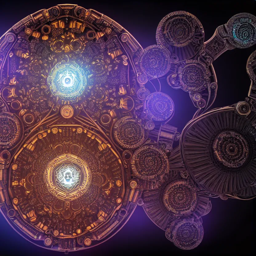 Image similar to a fractal mandala of cyborg components, fine details, digital art, volumetric lighting, cinematic light, photorealistic