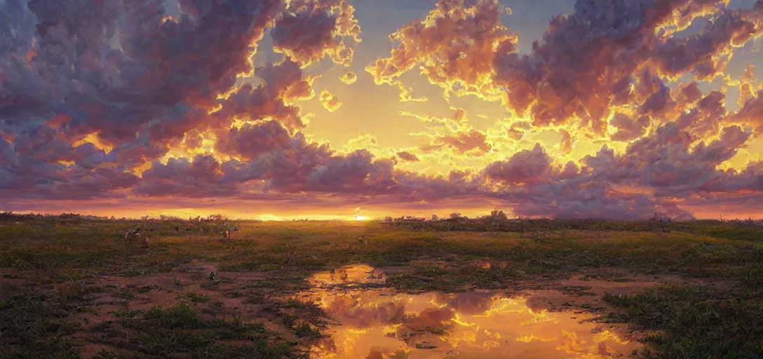 Prompt: View of a warm summer sunset sky, oil on canvas, intricate, portrait, 8k highly professionally detailed, HDR, CGsociety, illustration painting by Mandy Jurgens and Małgorzata Kmiec and Dang My Linh and Lulu Chen and Alexis Franklin and Filip Hodas and Pascal Blanché and Bastien Lecouffe Deharme, detailed intricate ink illustration, heavenly atmosphere, detailed illustration, hd, 4k, digital art, overdetailed art, concept art, complementing colors, trending on artstation, Cgstudio, the most beautiful image ever created, dramatic, subtle details, illustration painting by alphonse mucha and frank frazetta daarken, vibrant colors, 8K, style by Wes Anderson, award winning artwork, high quality printing, fine art, gold elements, intricate, epic lighting, very very very very beautiful scenery, 8k resolution, digital painting, sharp focus, professional art, atmospheric environment, art by artgerm and greg rutkowski, by simon stålenhag, rendered by Beeple, by Makoto Shinkai, syd meade, 8k ultra hd, artstationHD, 3d render, hyper detailed, elegant, by craig mullins and marc simonetti, Ross Tran and WLOP, by Andrew Wyeth and Gerald Brom, John singer Sargent and James gurney