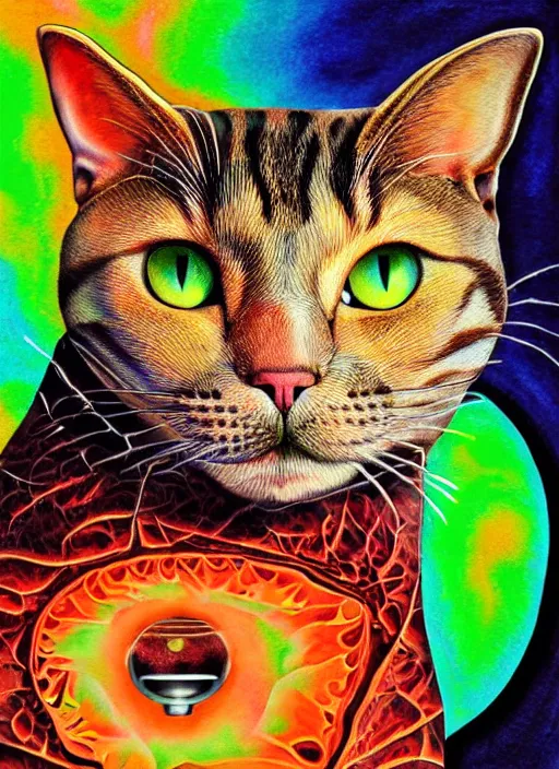 Image similar to portrait of a cat's head inside an upside down light bulb, modern fine art, intricate, elegant, subsurface scattering, highly detailed pop art painting, organic acrylic flow art, psychedelic fractal art, acrylic art, watercolor, featured on deviantart