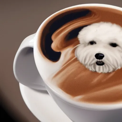 Image similar to a closeup photorealistic photograph of barista drawing bichon frise shaped latte art in a cup. professional capture, well lit shot. this 4 k hd image is trending on artstation, featured on behance, well - rendered, extra crisp, features intricate detail, epic composition and the style of unreal engine.