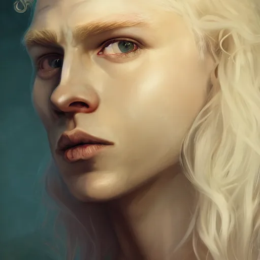 Image similar to prompt portrait of a beautiful androgynous blond man, albino pale white skin and long fluffy curly blond hair, Center parted curtain bangs, close up view, head and upper body, looking upward, fullface, light from above, by Peter Mohrbacher, trending on artstation, 8k