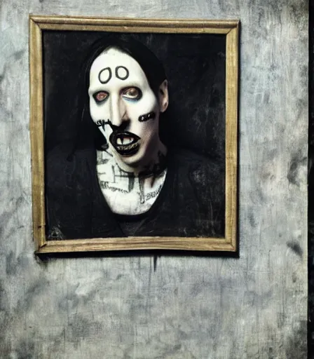 Image similar to portrait of marilyn manson by joel peter witkin and hieronymus bosch, high quality, high detail