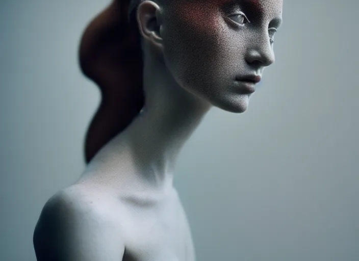 Image similar to cinestill 5 0 d photo portrait of a beautiful hybrid woman in style of paolo roversi by roberto ferri, basalt body intricate detailed, hair are intricate basalt, 1 5 0 mm lens, f 1. 4, sharp focus, ethereal, emotionally evoking, head in focus, radiant volumetric lighting, matt colors outdoor