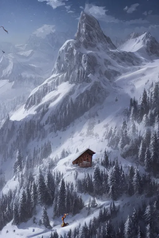 Image similar to an Alm in the Alps in the style of Heidi the cartoon, cartoon, intricate Details, concept art, matte painting, highly detailed, rule of thirds, dynamic lighting, cinematic, detailed, denoised, centerd, clean render