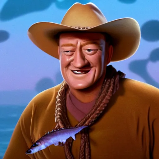 Prompt: John Wayne as a fish in a Pixar movie,