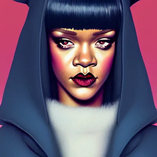 Image similar to Rihanna profile picture by Greg Rutkowski, mod green Bob wig, hooded fur coat, asymmetrical, futuristic, volumetric lights, streetwear, studio ghibli, Organic Painting , Matte Painting, geometric shapes, hard edges, trending on the artstation, fantasy LUT, realistic by Sachin Teng + Martin Grip + Moebius + Patrick Gleason, smooth, sharp focus, illustration, art by John Collier and Albert Aublet and Krenz Cushart and Artem Demura and Alphonse Mucha, techwear, Industrial Scifi, detailed illustration, character portrait,