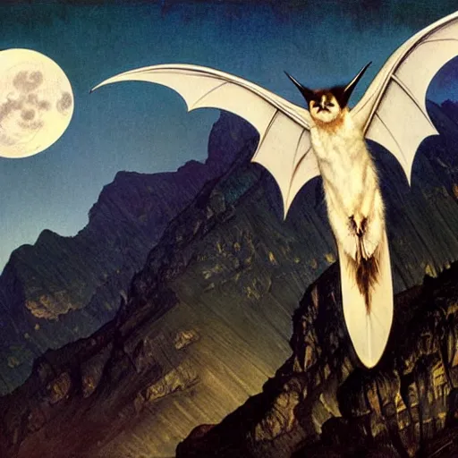 Image similar to hyper realistic white bat, flying against a dark black night sky, mountain in the background, moonlight, denoised, very detailed, painted by james gurney, alphonso mucha, norman rockwell, tom bagshaw